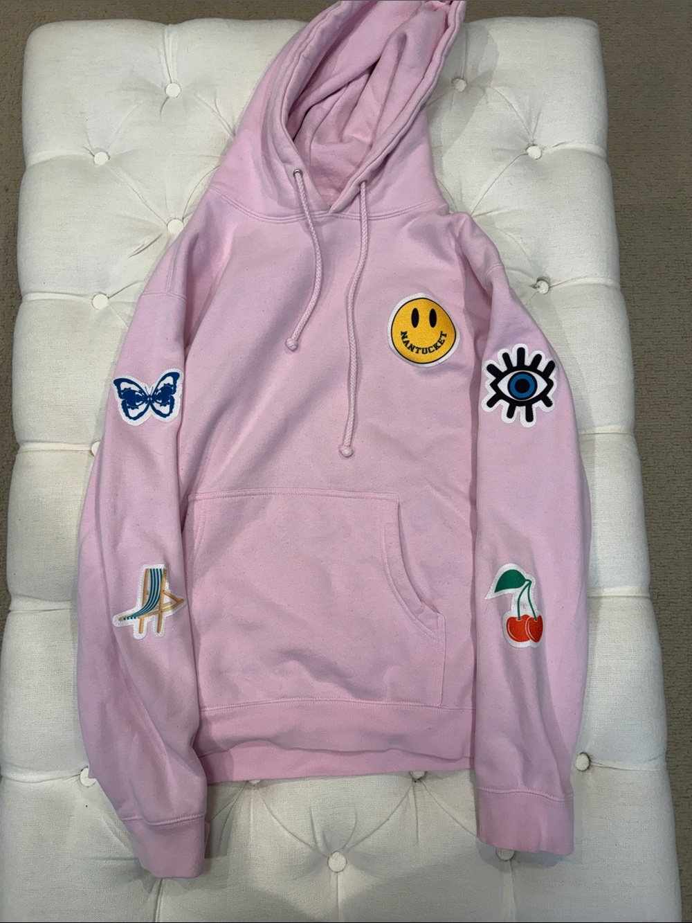 Pink Crewneck Hoodie with Playful Patch Accents